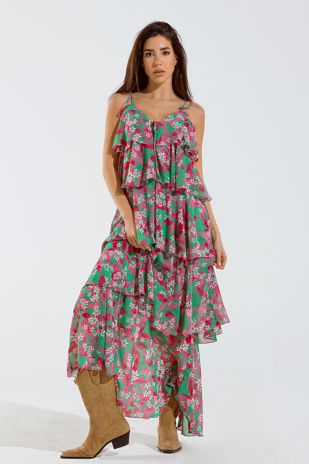 Chiffon Ruche Layered Maxi Dress With Floral Design