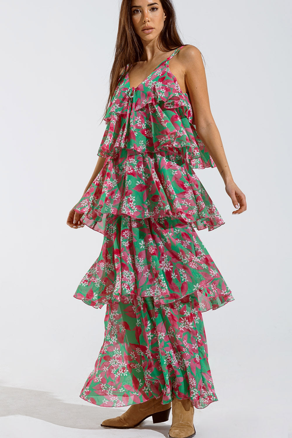 Chiffon Ruche Layered Maxi Dress With Floral Design