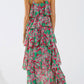 Chiffon Ruche Layered Maxi Dress With Floral Design