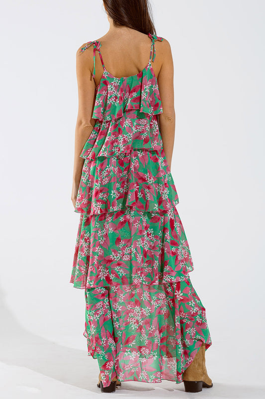 Chiffon Ruche Layered Maxi Dress With Floral Design