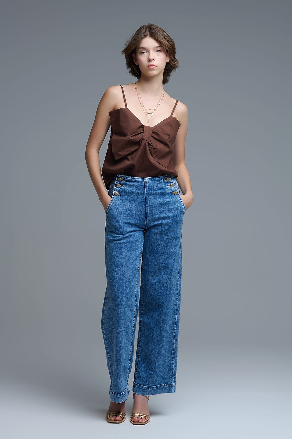 Chocolate Brown poplin crop top with bow detail