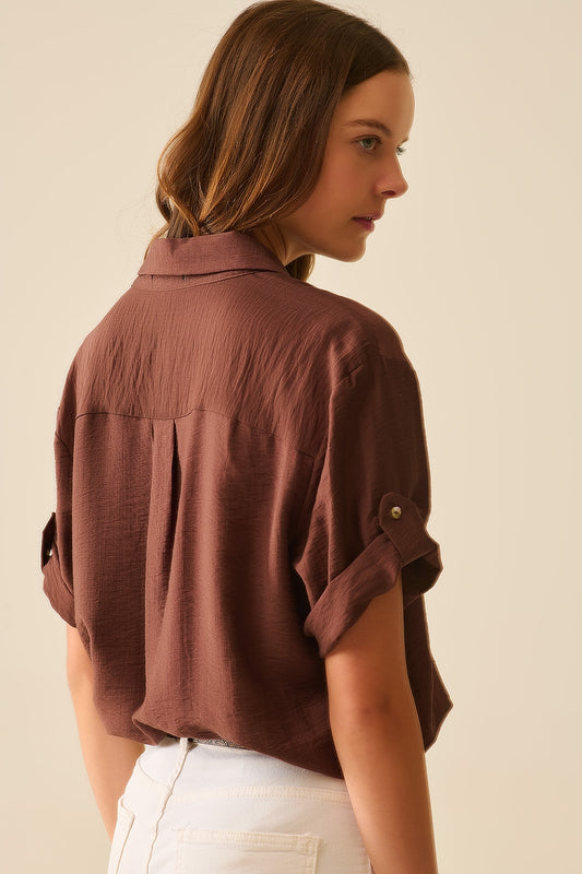 Chocolate Brown shirt with short sleeves and pleat on the sleeve