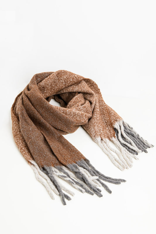 Chunky knit scarf in brown color block with fringes