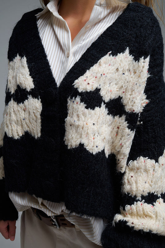 Chunky Knit Striped Cardigan With Sequin Details in Black