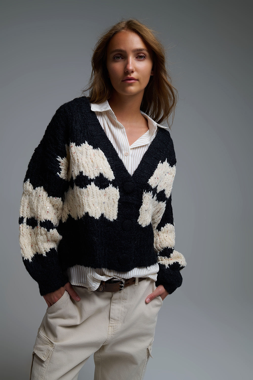 Q2 Chunky Knit Striped Cardigan With Sequin Details in Black