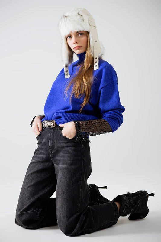 chunky knit sweater in blue with turtleneck