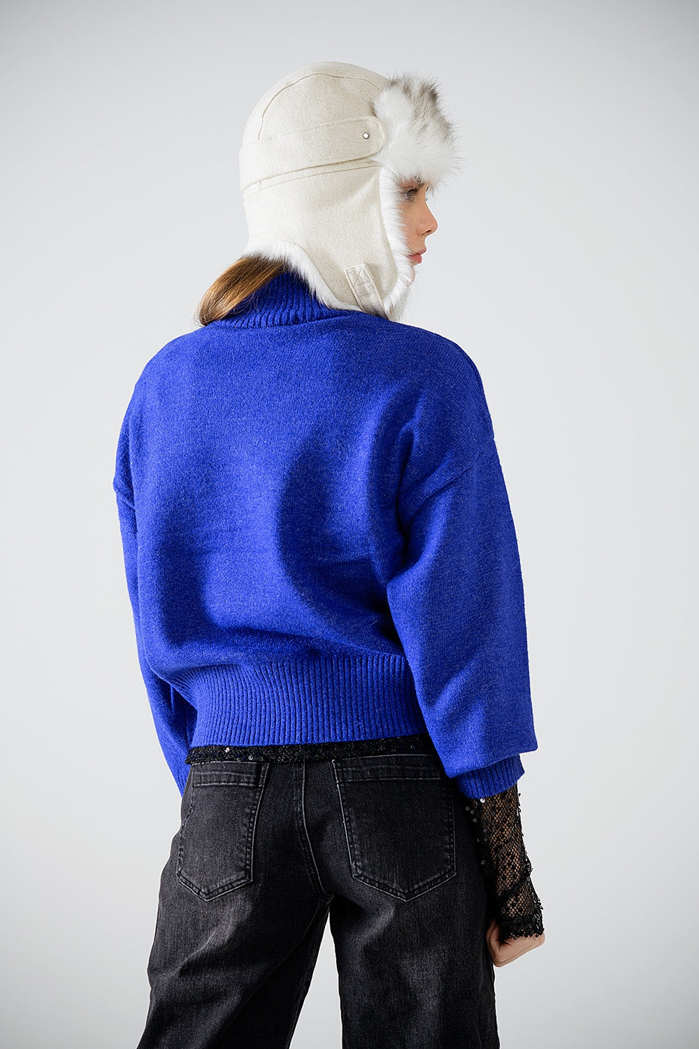 chunky knit sweater in blue with turtleneck