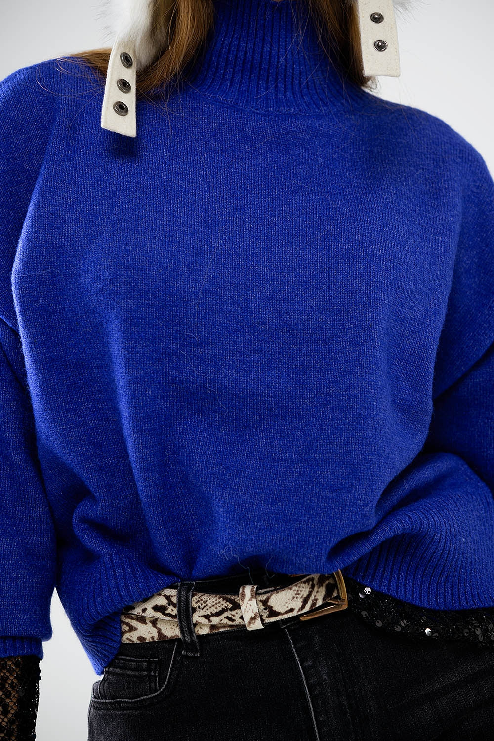 chunky knit sweater in blue with turtleneck