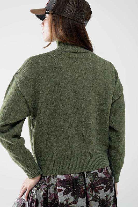 chunky knit sweater in green with turtleneck