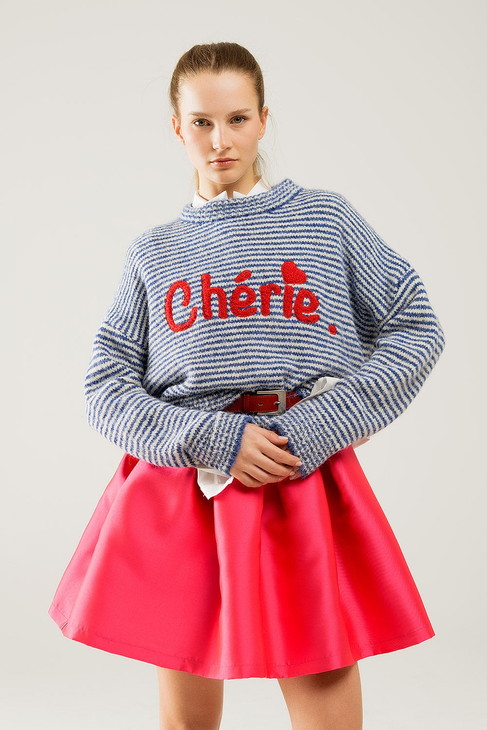 Q2 Chunky Stripey relaxed Sweater in blue and White