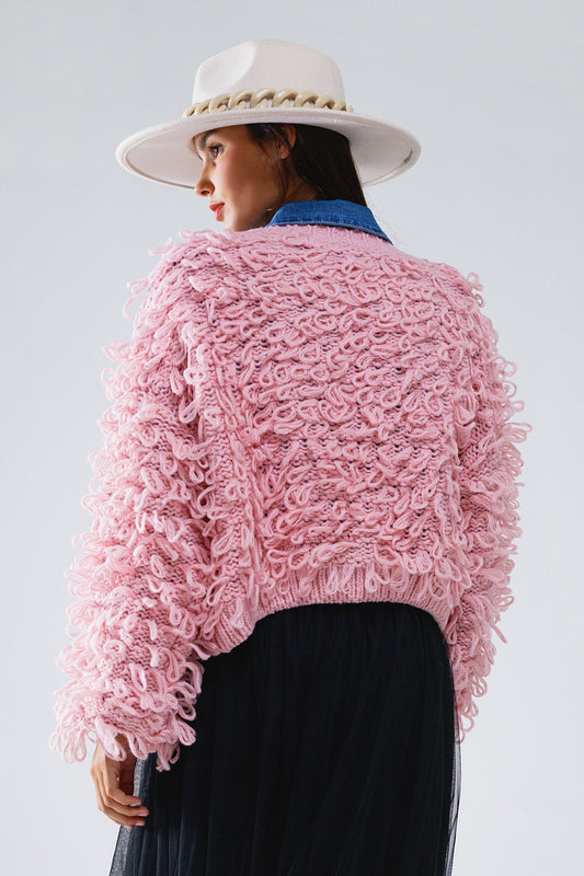 Chunky Textured Cardigan in Pink with Long Fringe