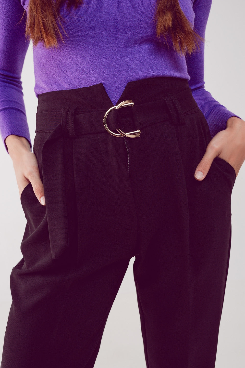 cigarette pants with paper-bag waist in black