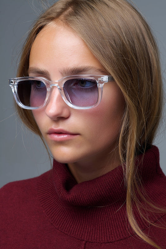 Clear Square Sunglasses with blue Gradient Lenses and metal side detail