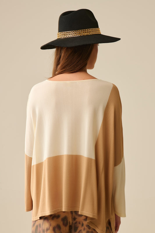 Color Block Bat Wing Sweater In White and camel