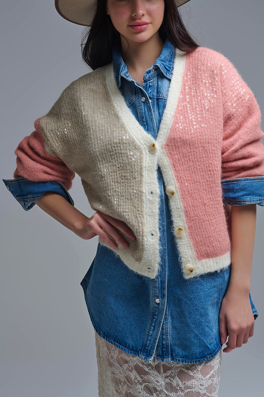 Color-block Sequin V-Neck Cardigan