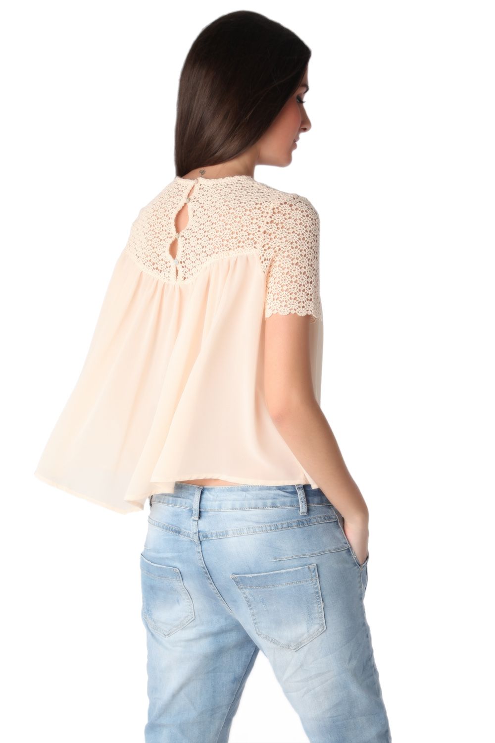 Coral swing top with floral lace insert