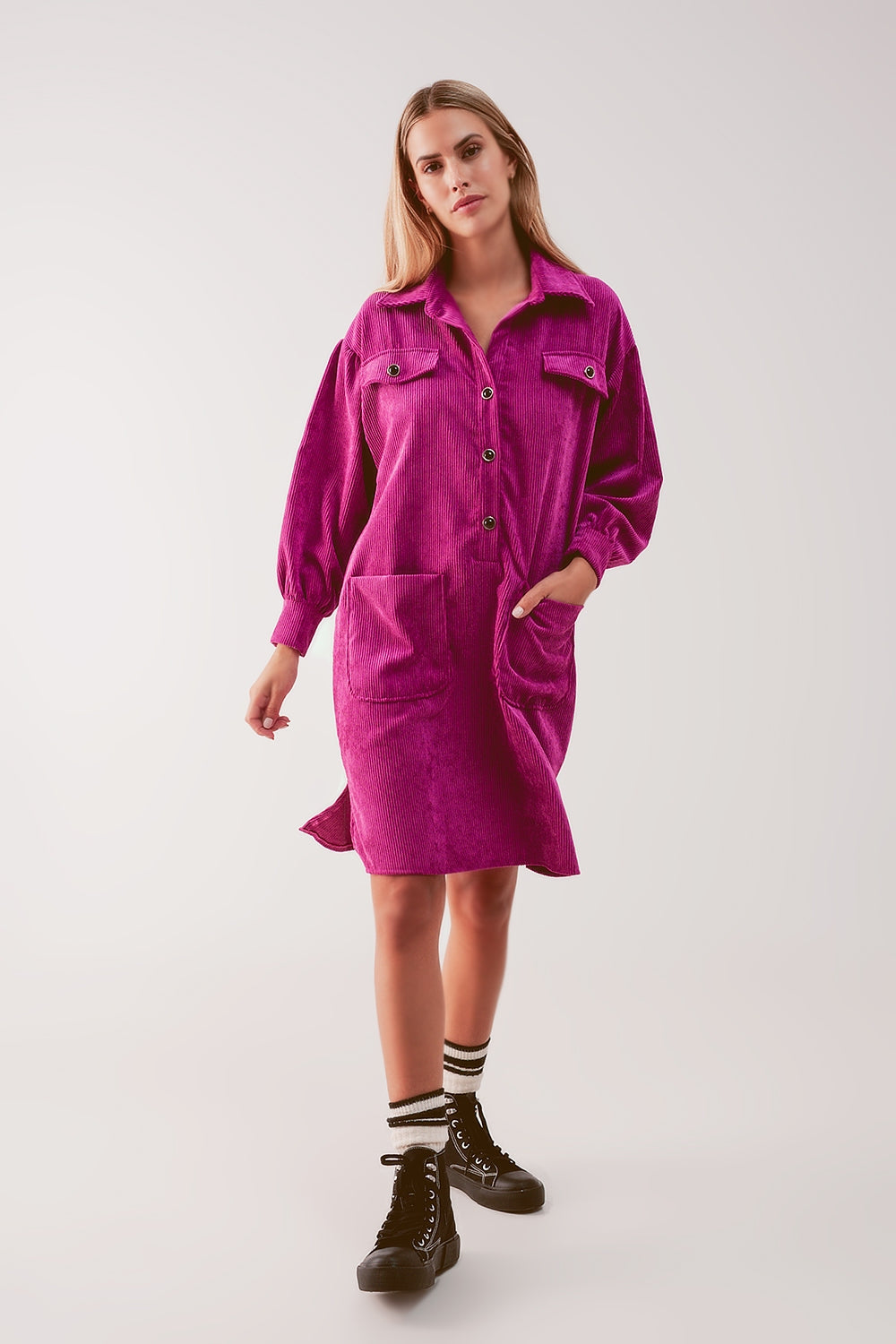 Q2 Cord mini shirt dress in fuchsia