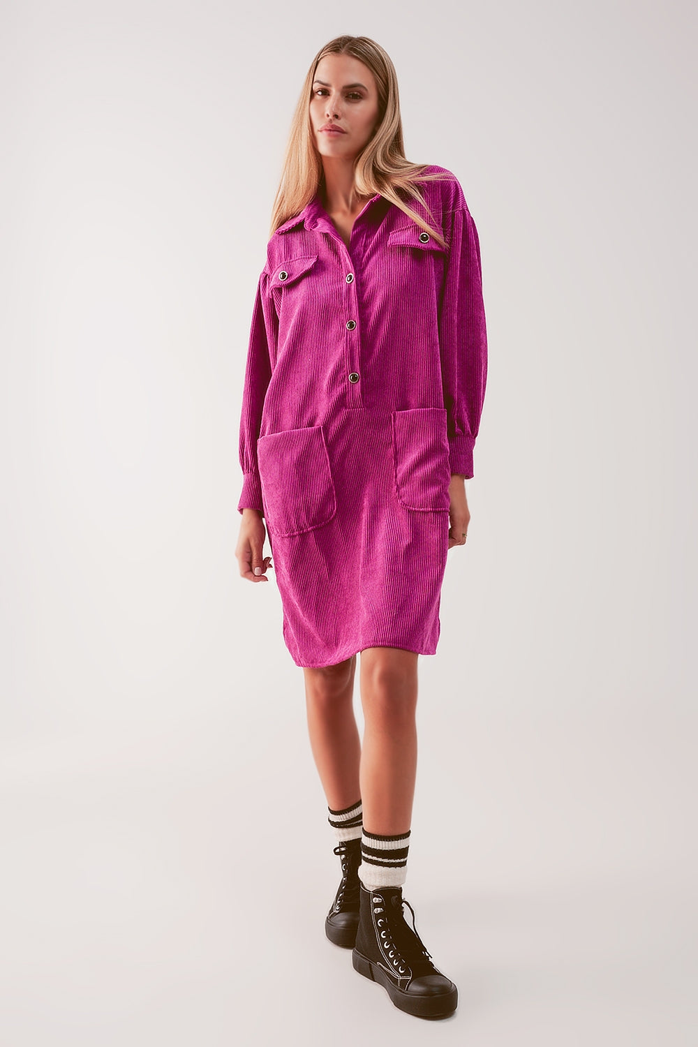 Cord mini shirt dress in fuchsia