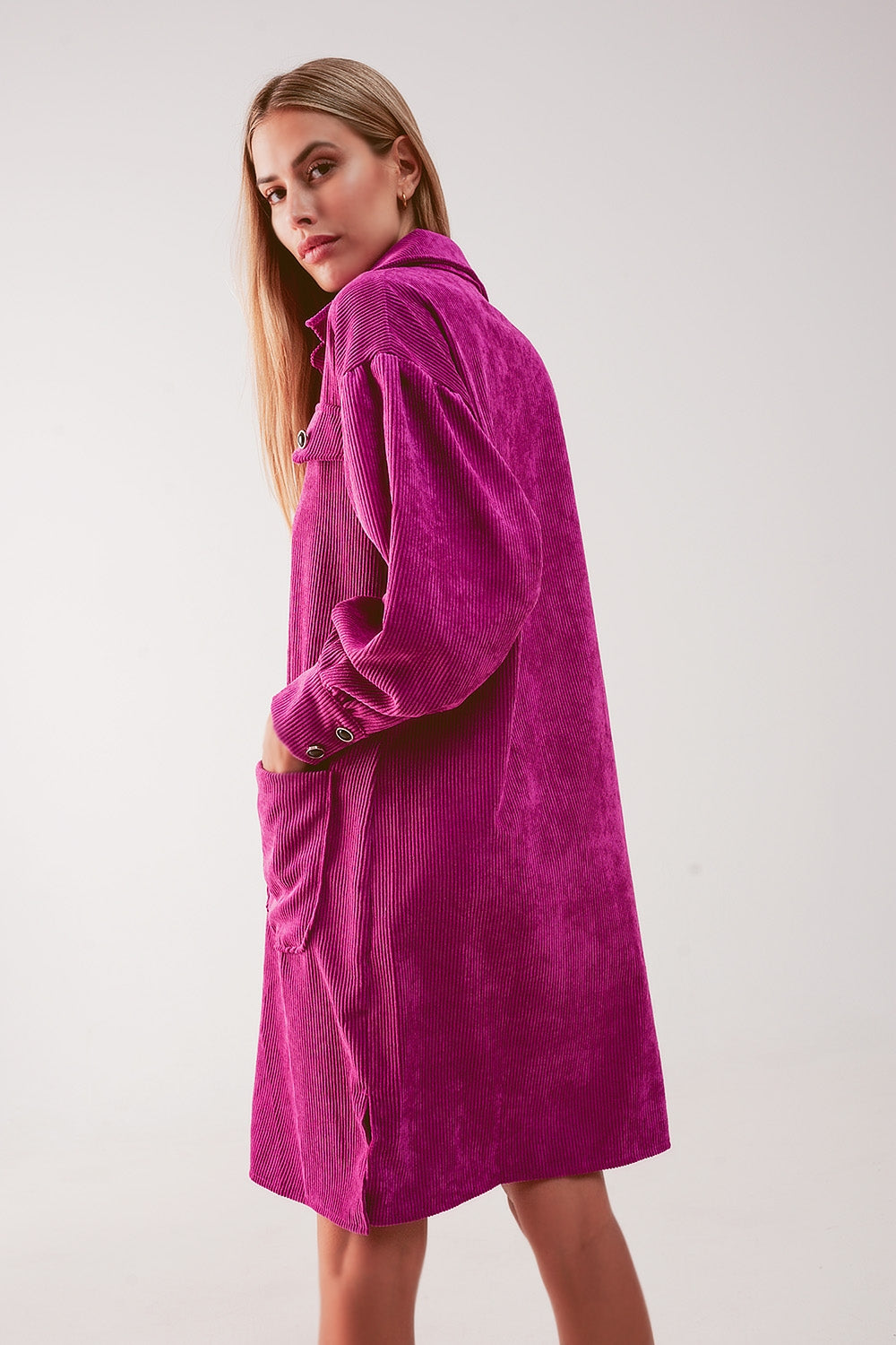 Cord mini shirt dress in fuchsia