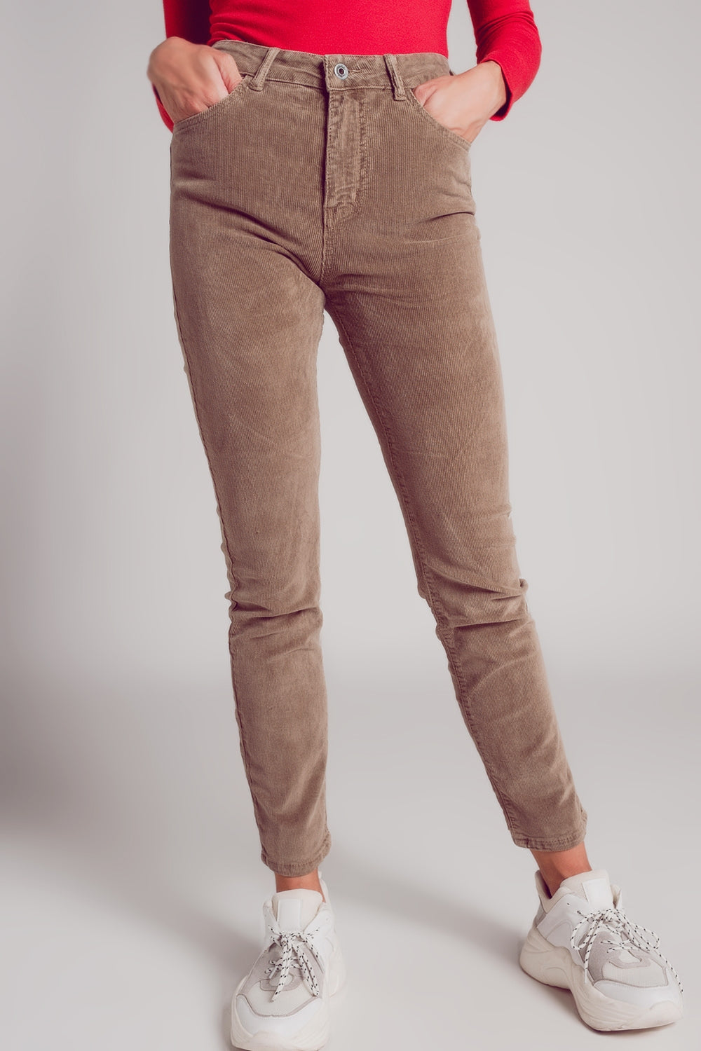 Q2 Cotton skinny cord pants in beige