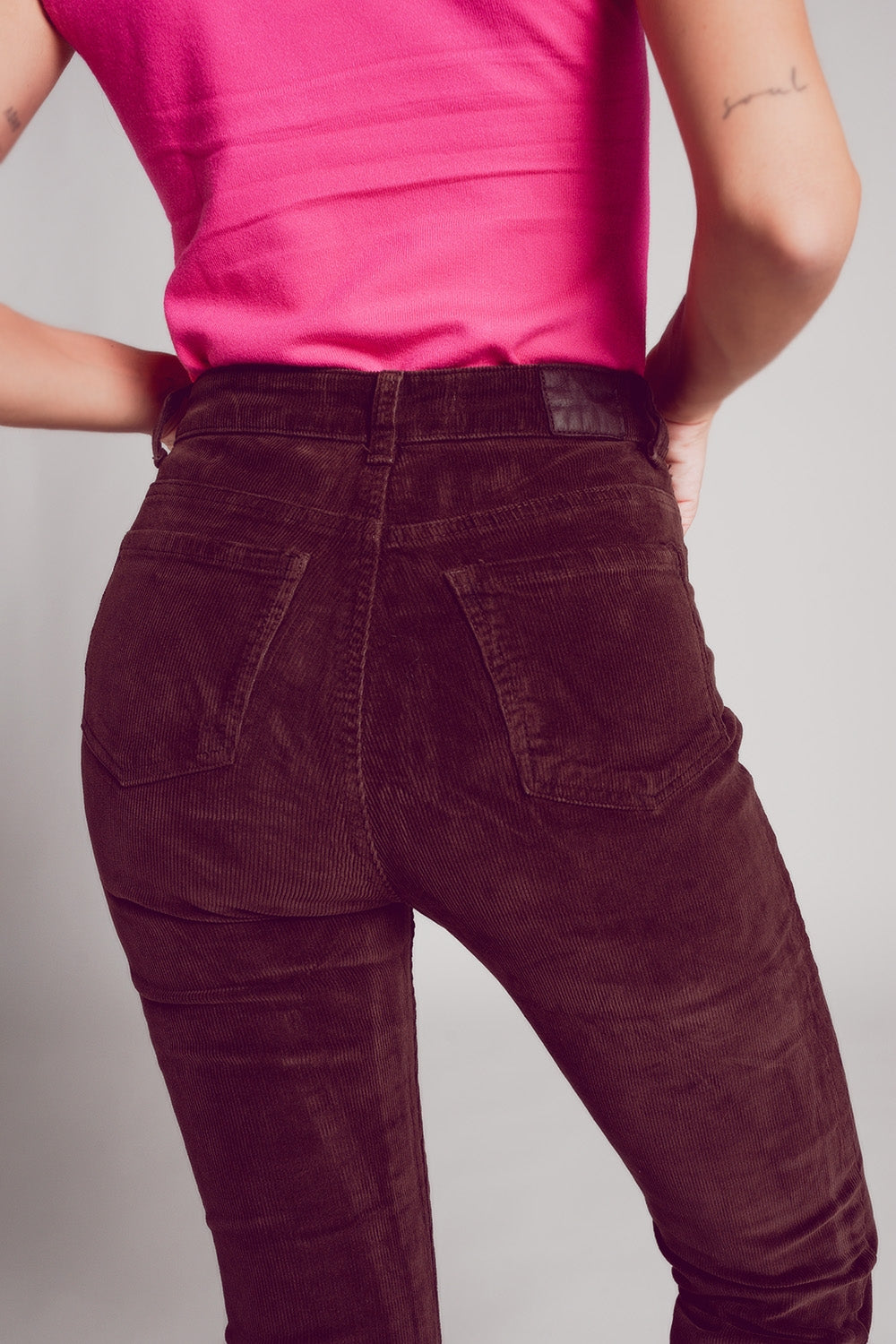 Cotton skinny cord pants in chocolate brown