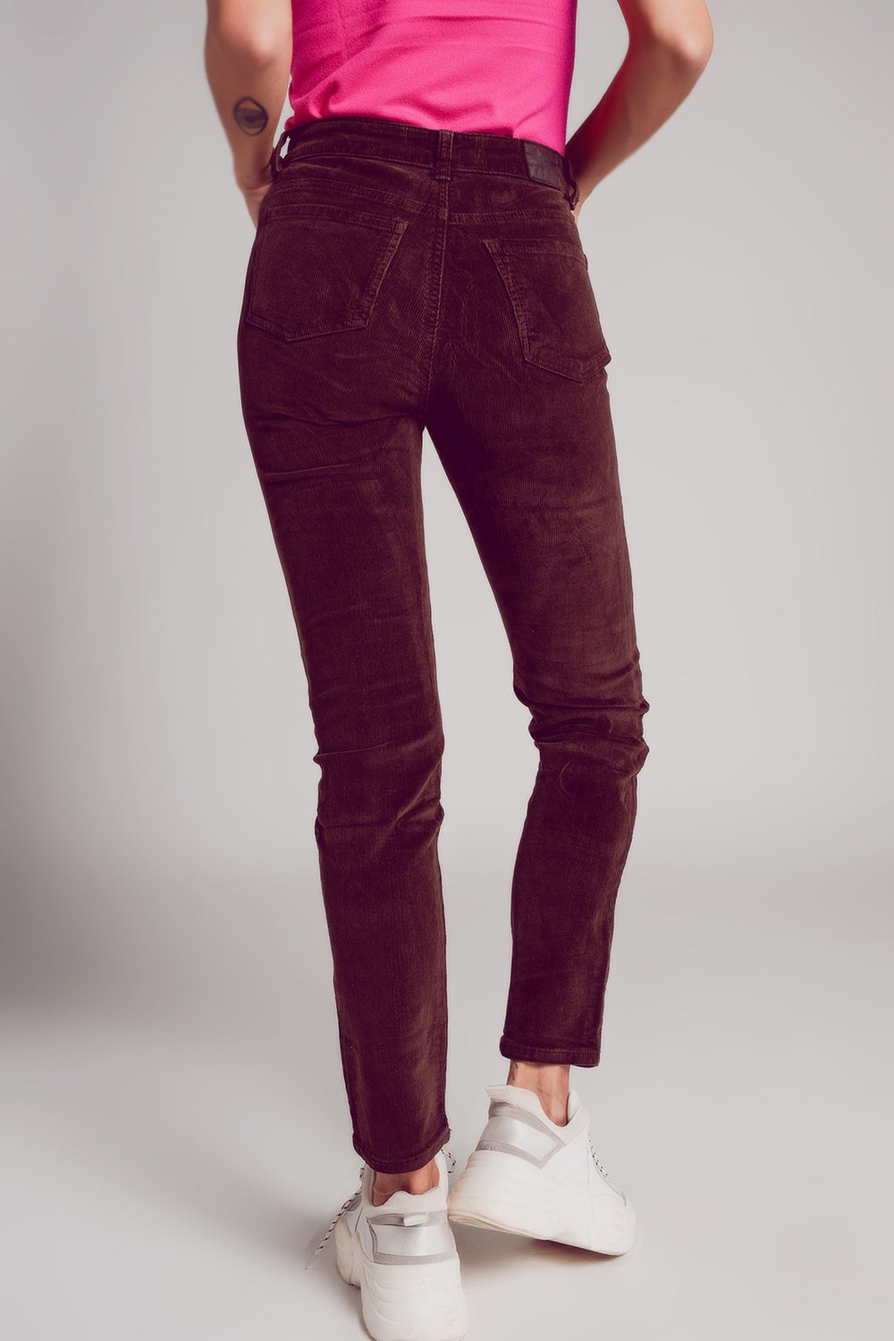 Cotton skinny cord pants in chocolate brown