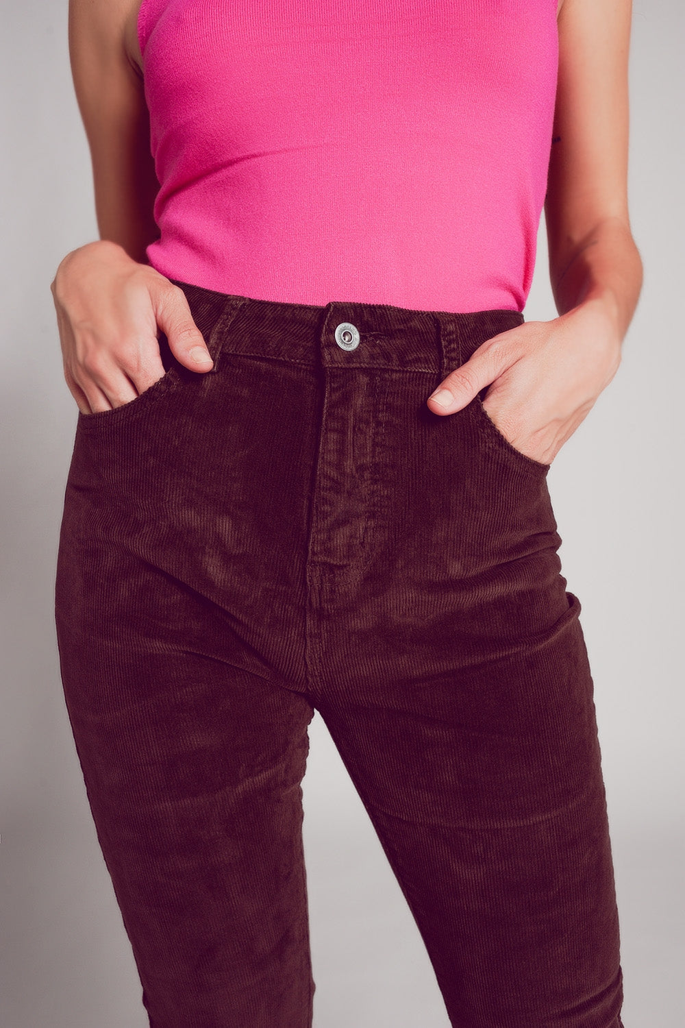 Cotton skinny cord pants in chocolate brown