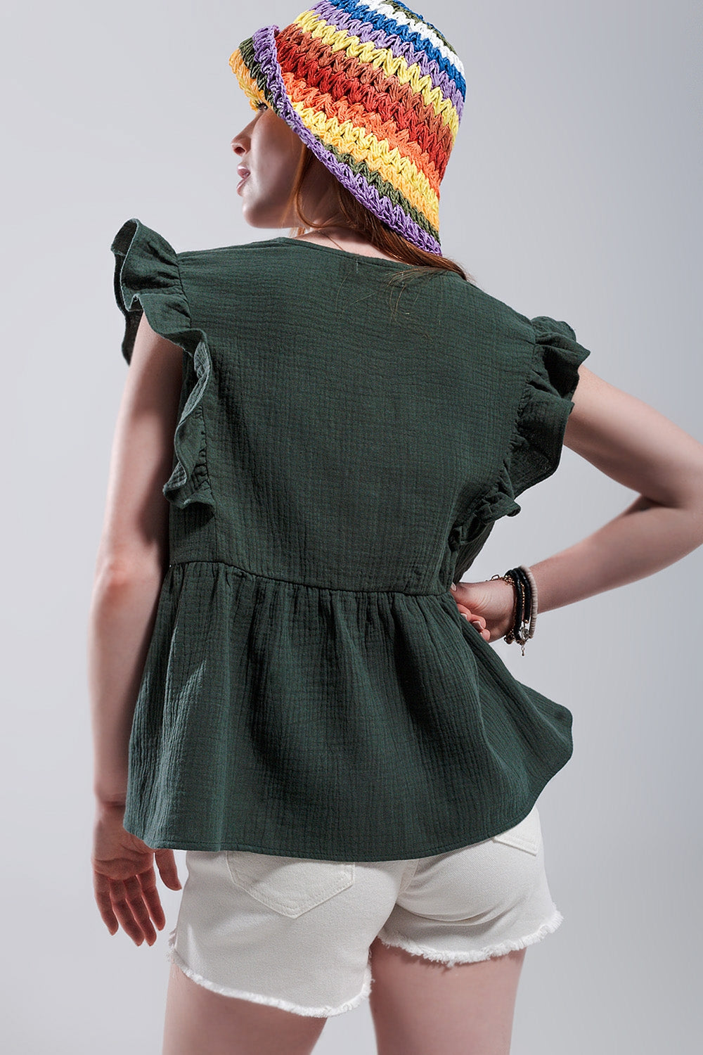 Cotton tank top with ruffle sleeves in khaki