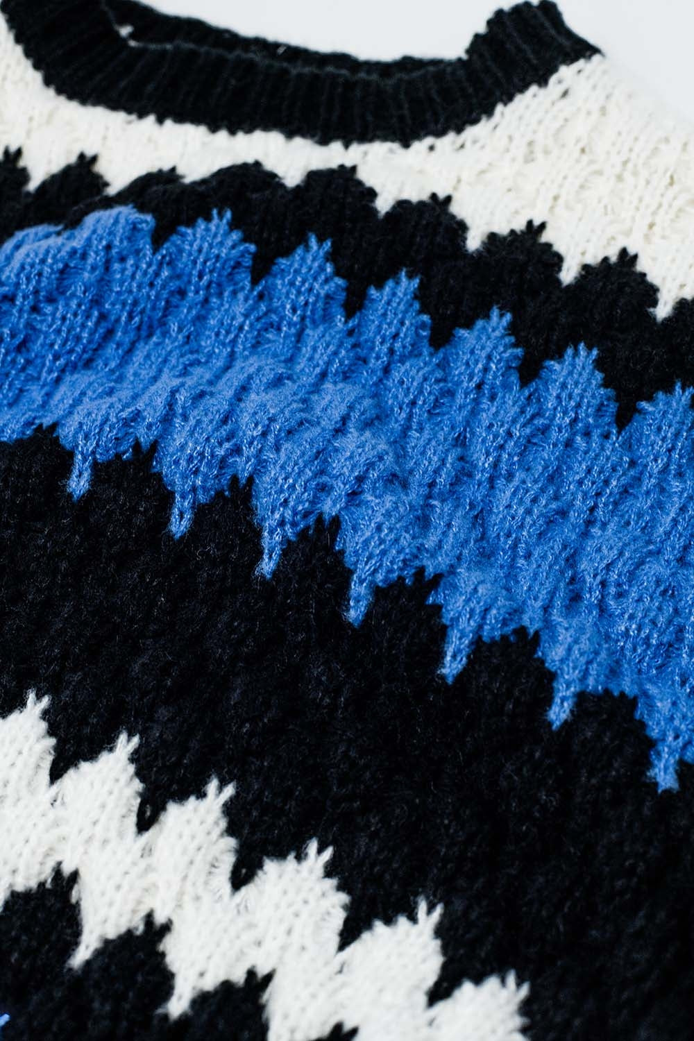 cozy blue white and black zig zag sweater