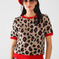 Q2 cozy panther print sweater shirt with red edges