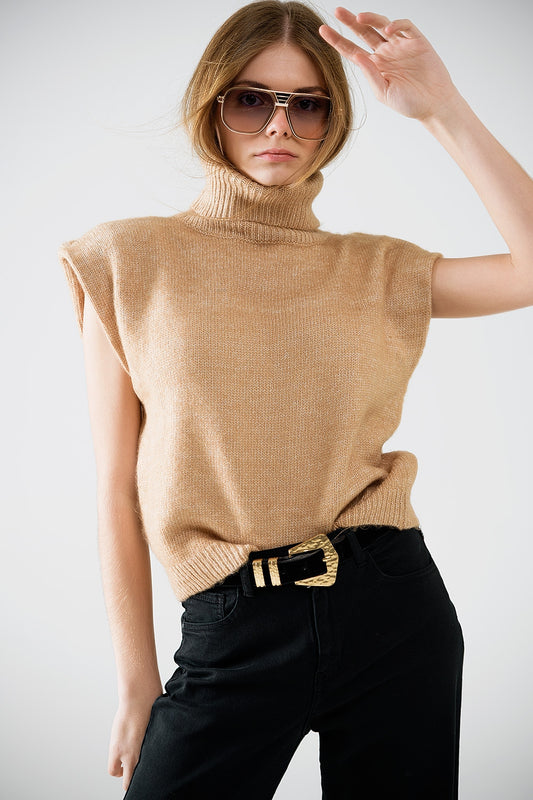 Cozy turtleneck sleeveless sweater in camel