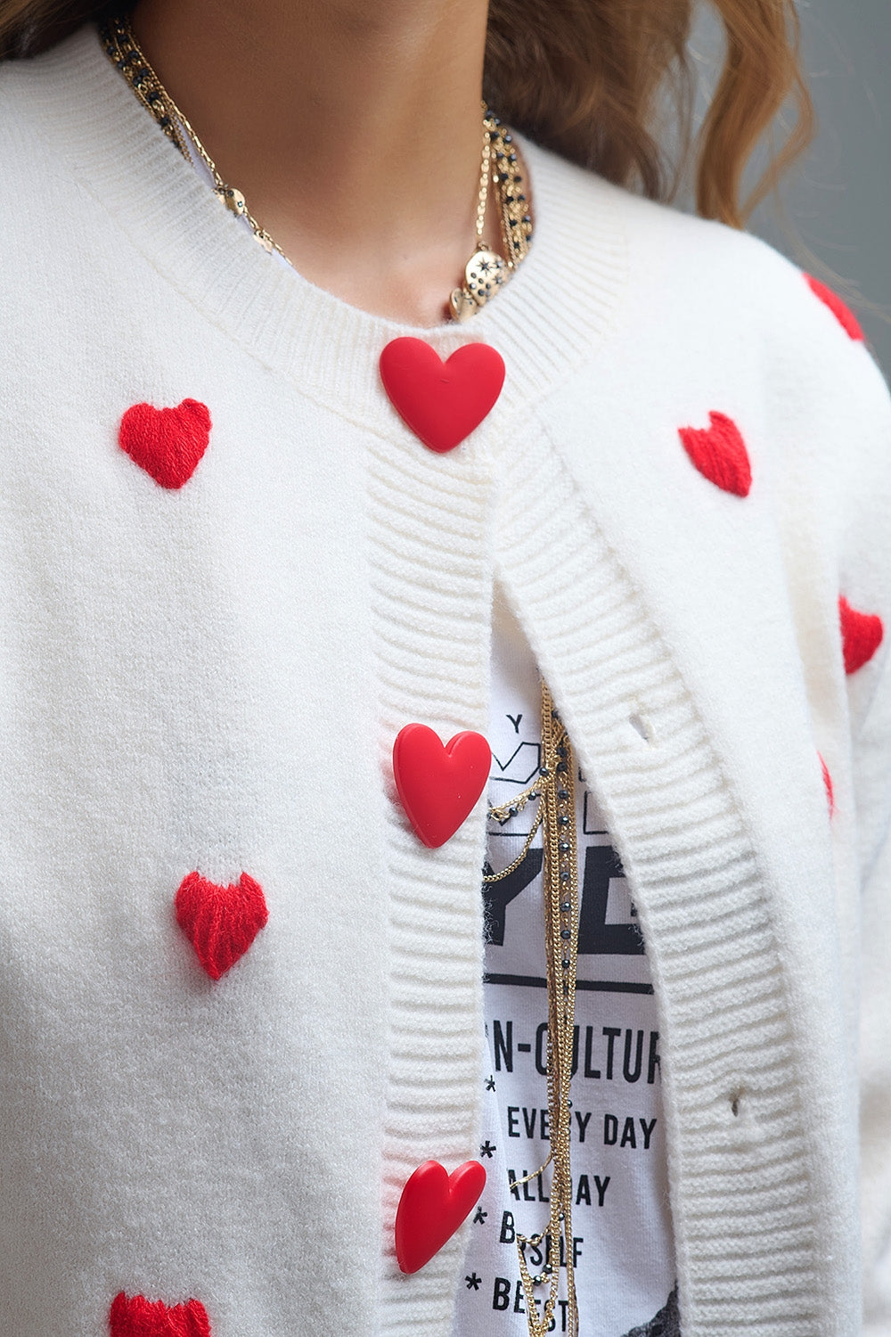 Cozy White Cardigan with Red Hearts
