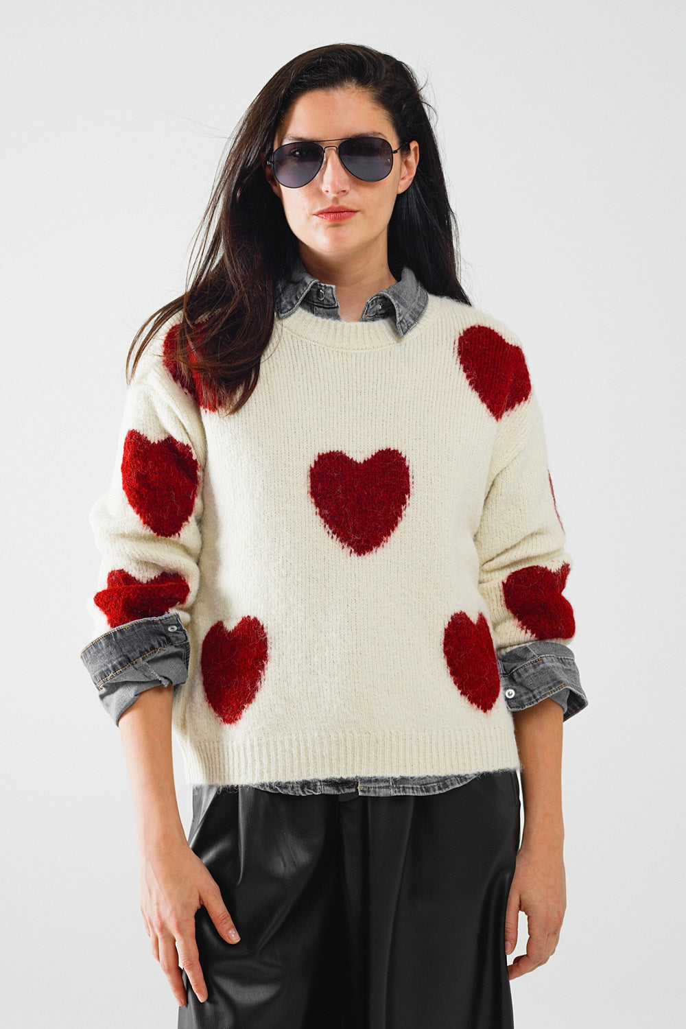 Q2 cozy white sweater with red hearts