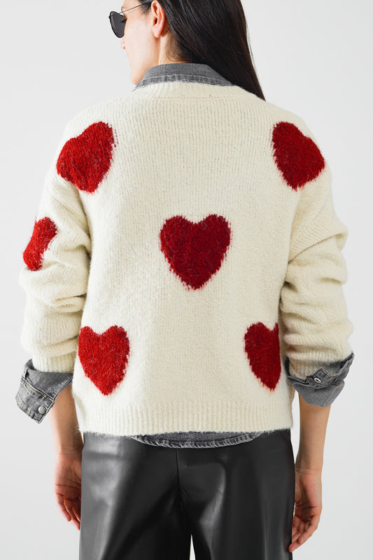 cozy white sweater with red hearts