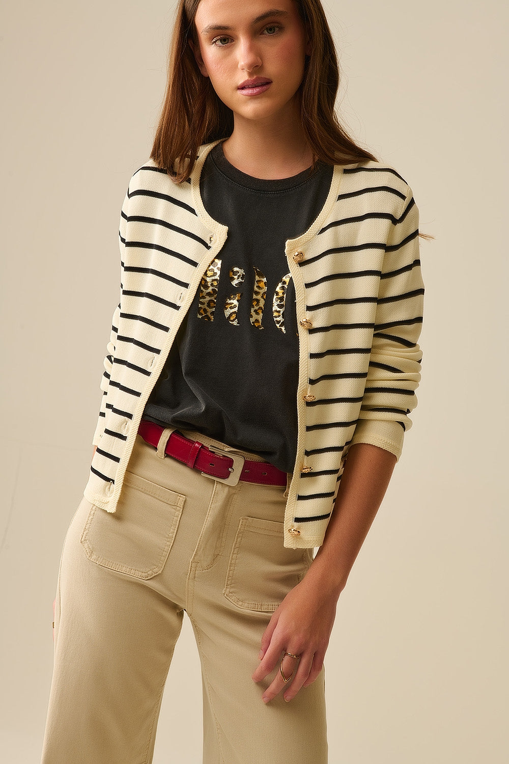 Q2 Cream Cardigan with Black Stripes and Gold Buttons