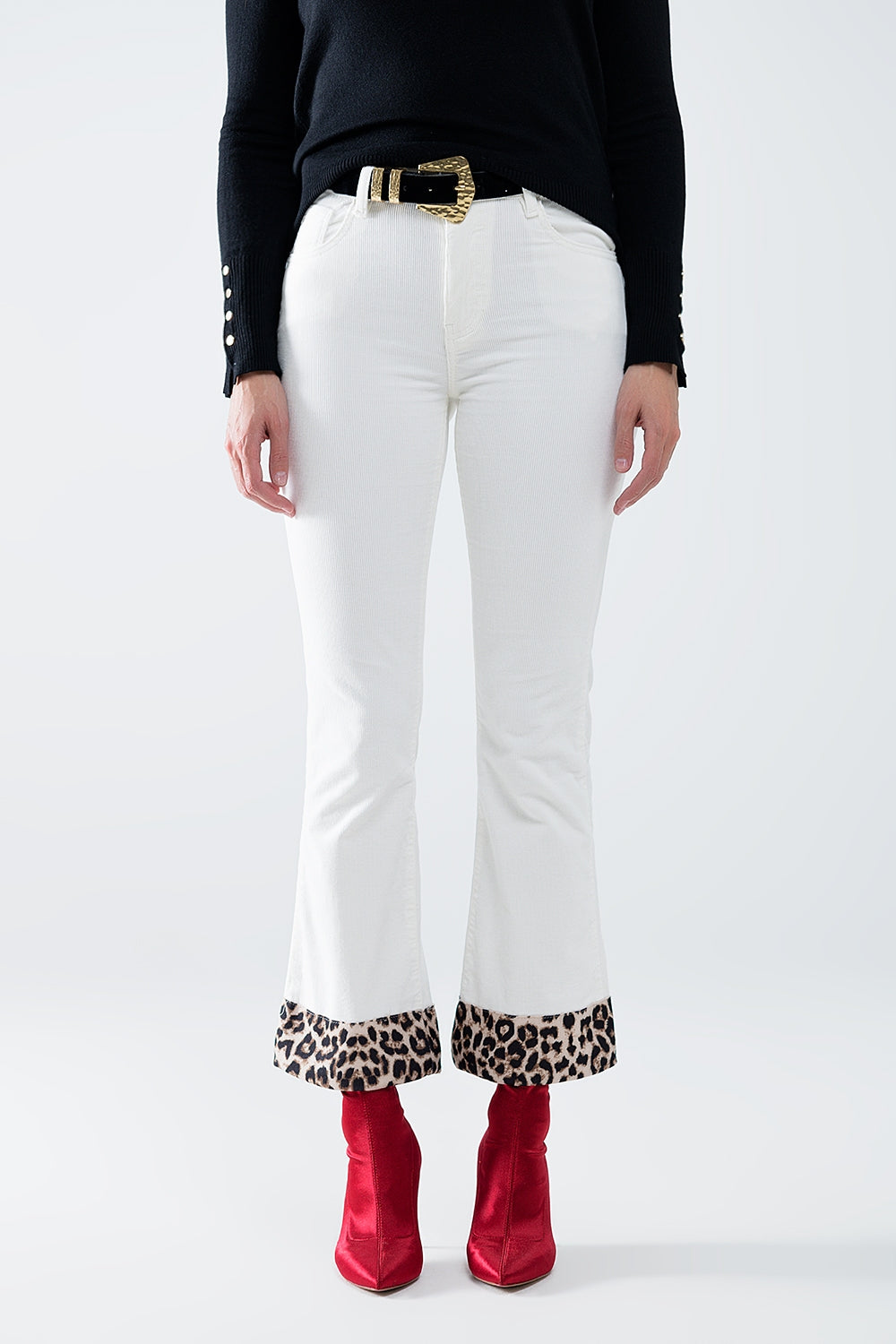 Q2 Cream Corduroy flare pants with leopard print at the bottom