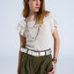 Cream Croched Short Sleeve Sweater With Boat Neck