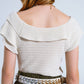 Cream Croched Short Sleeve Sweater With Boat Neck