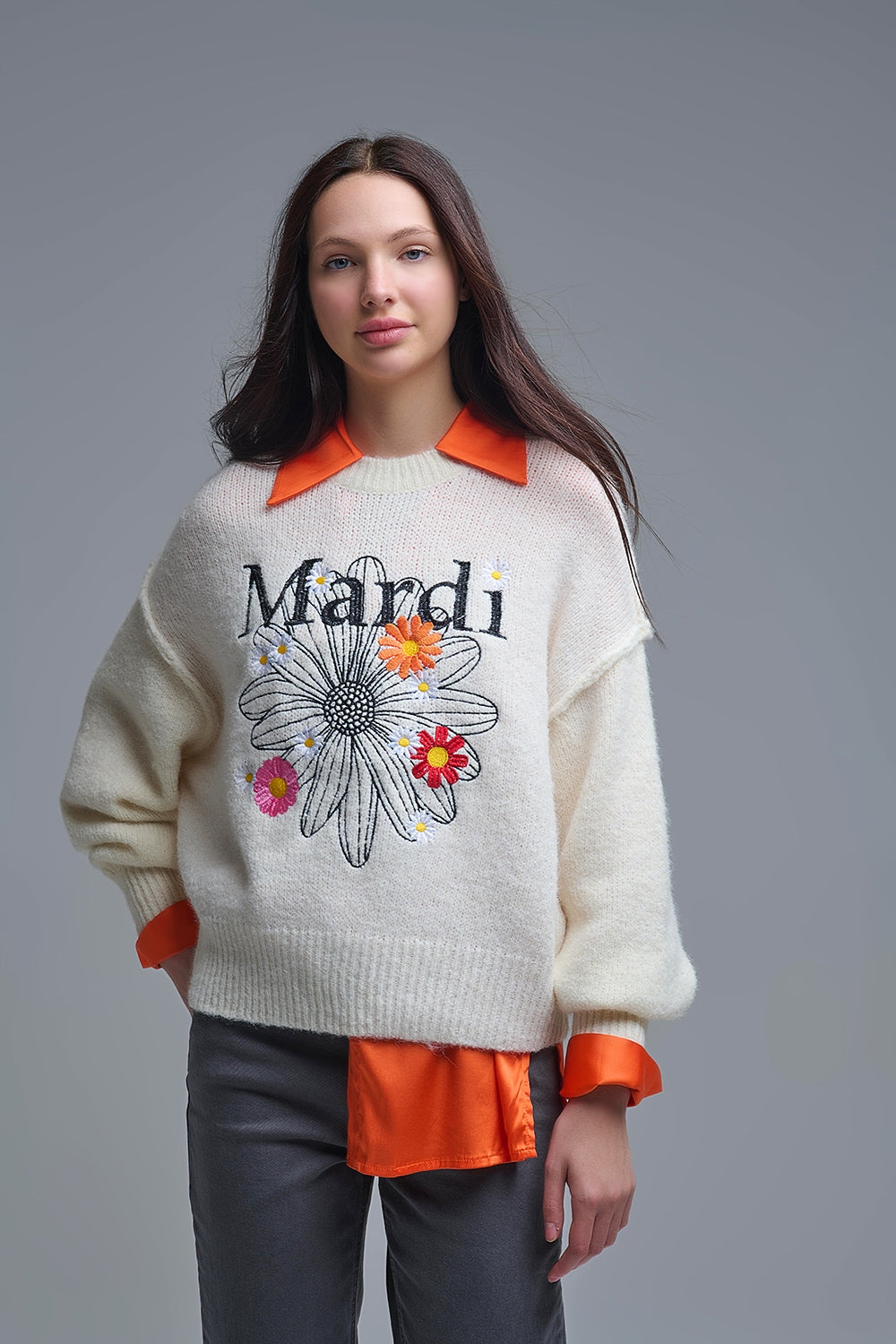 Cream Embroidered Mardi Sweater With Flowers