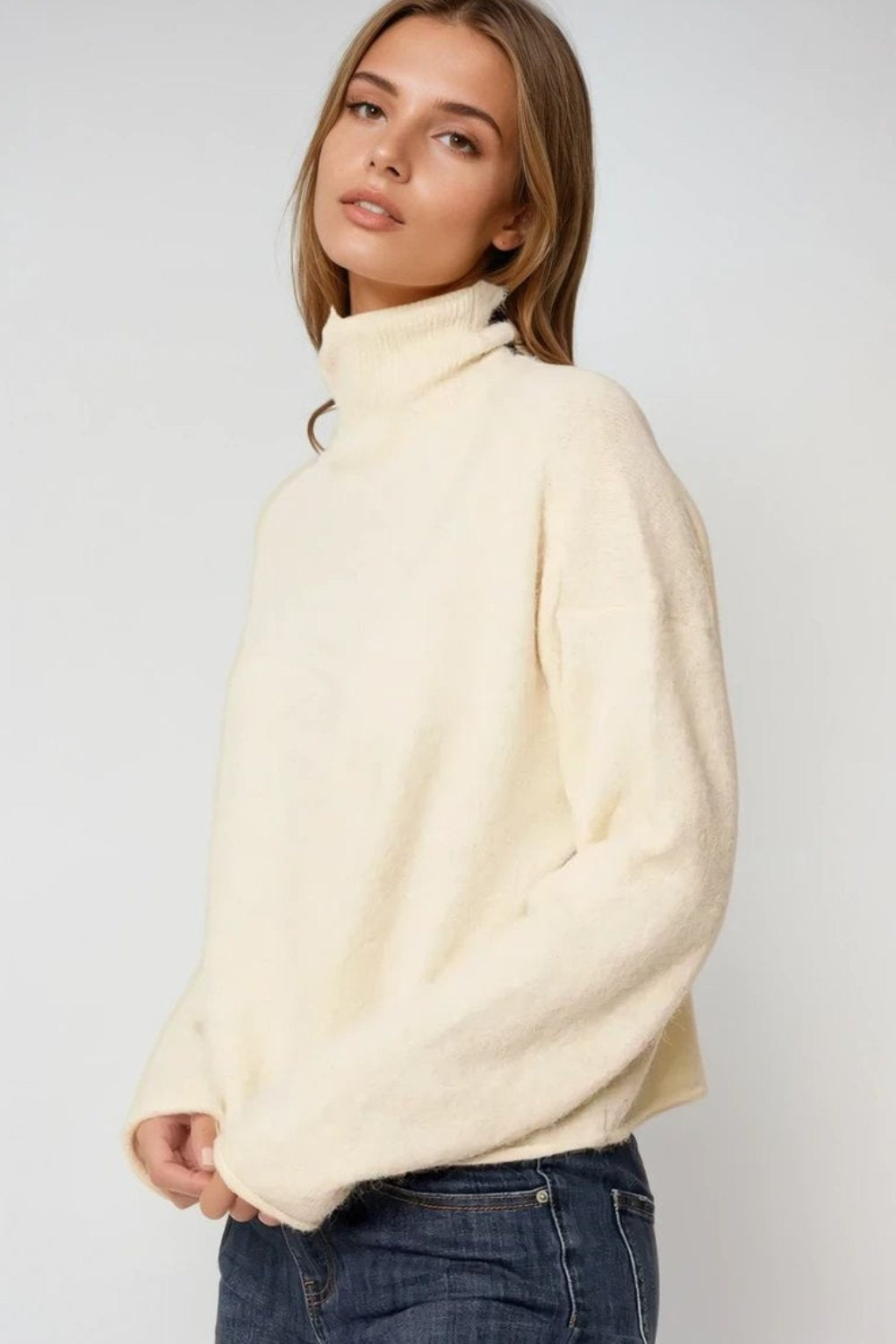 Q2 cream fluffy high neck relax fit sweater