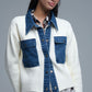 Cream Knitted Cardigan With Blue Denim Details
