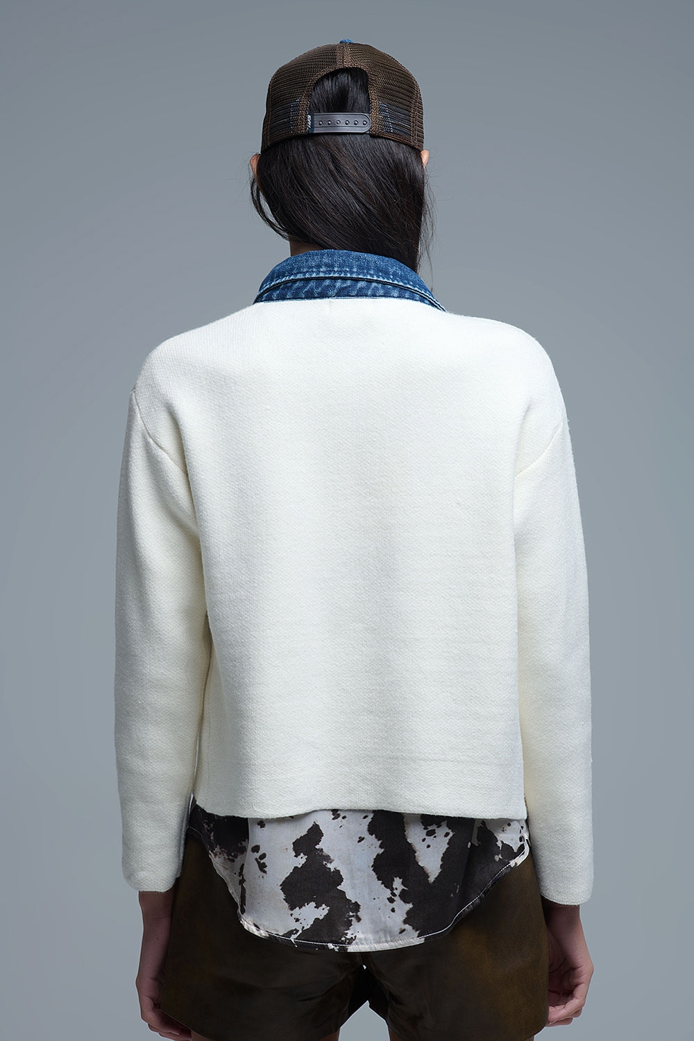 Cream Knitted Cardigan With Blue Denim Details