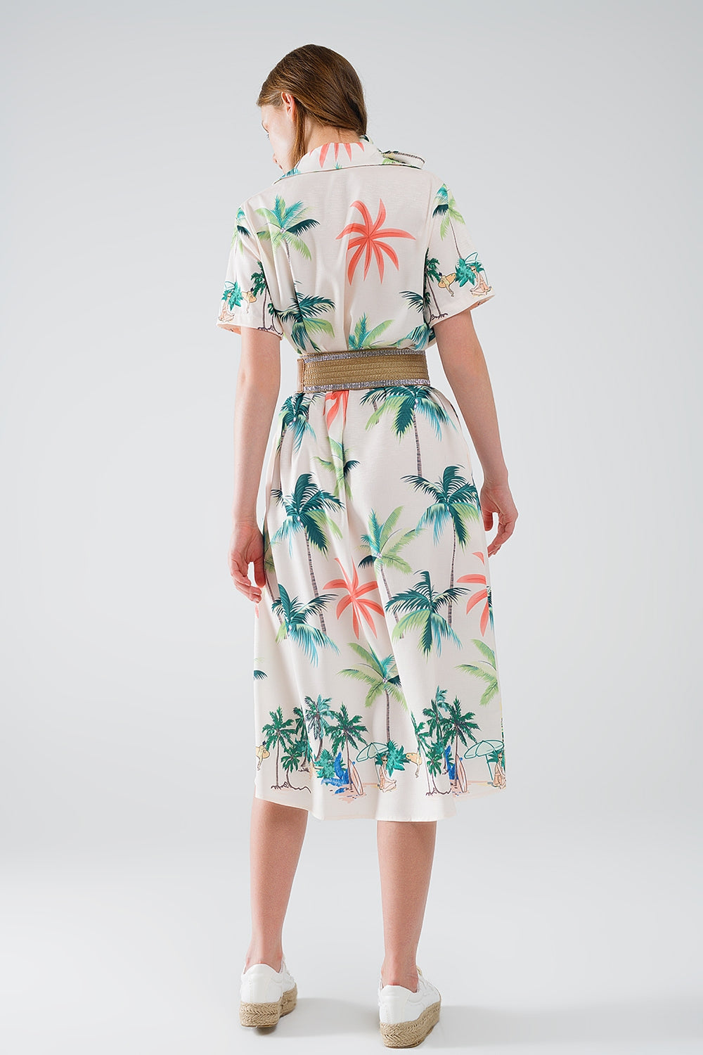 Cream Midi Dress with Beach Print and Polo Collar