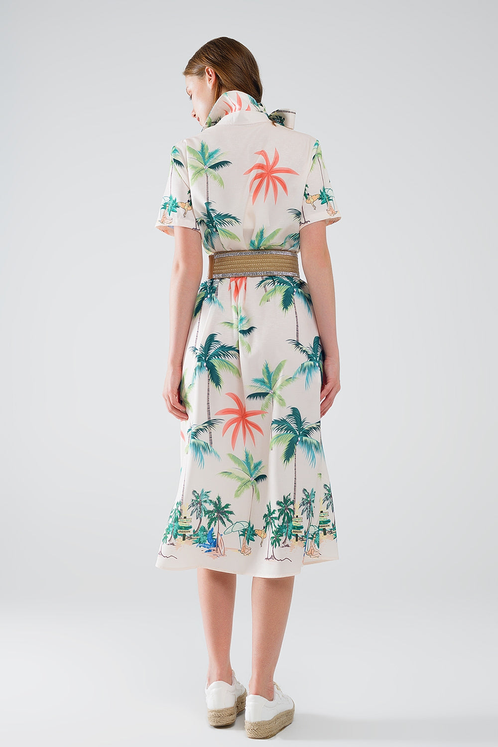 Cream Midi Dress with Beach Print and Polo Collar