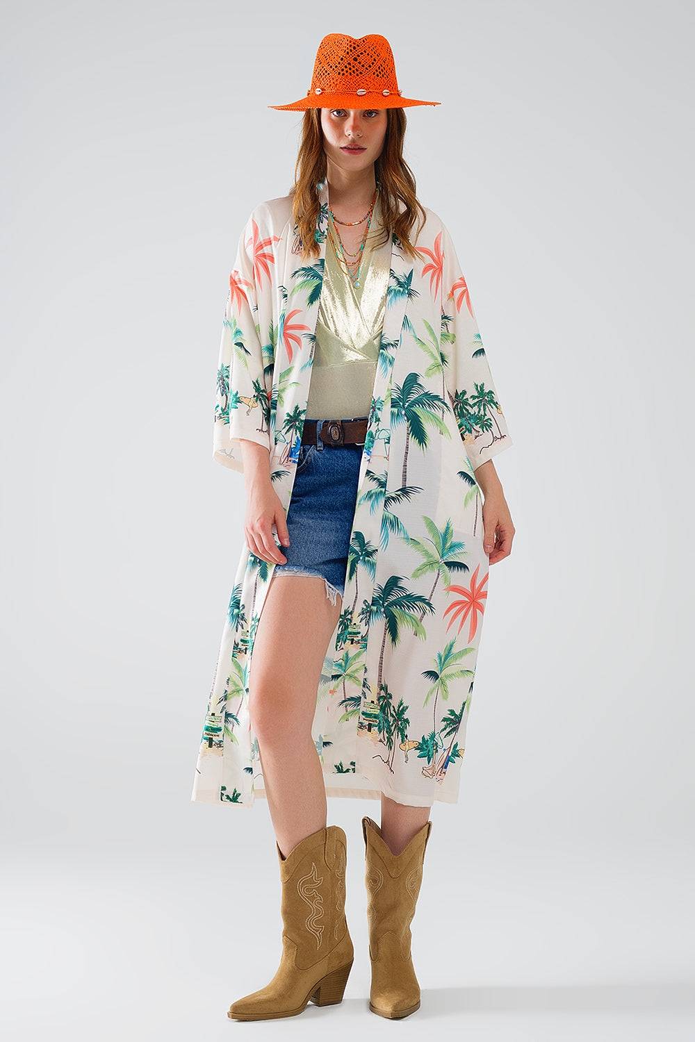 Kimono abierto color crema con estampado playero y largo midi