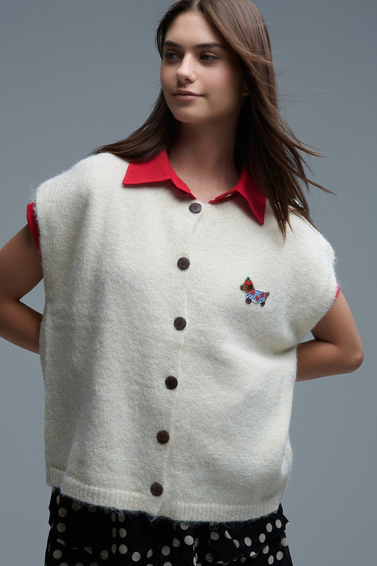 Cream relaxed knitted Vest With Embroidered cute Dog Detail