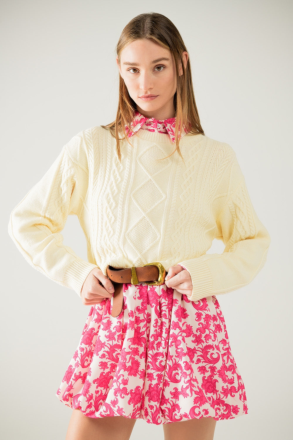 Q2 Cream soft knit sweater with cable pattern