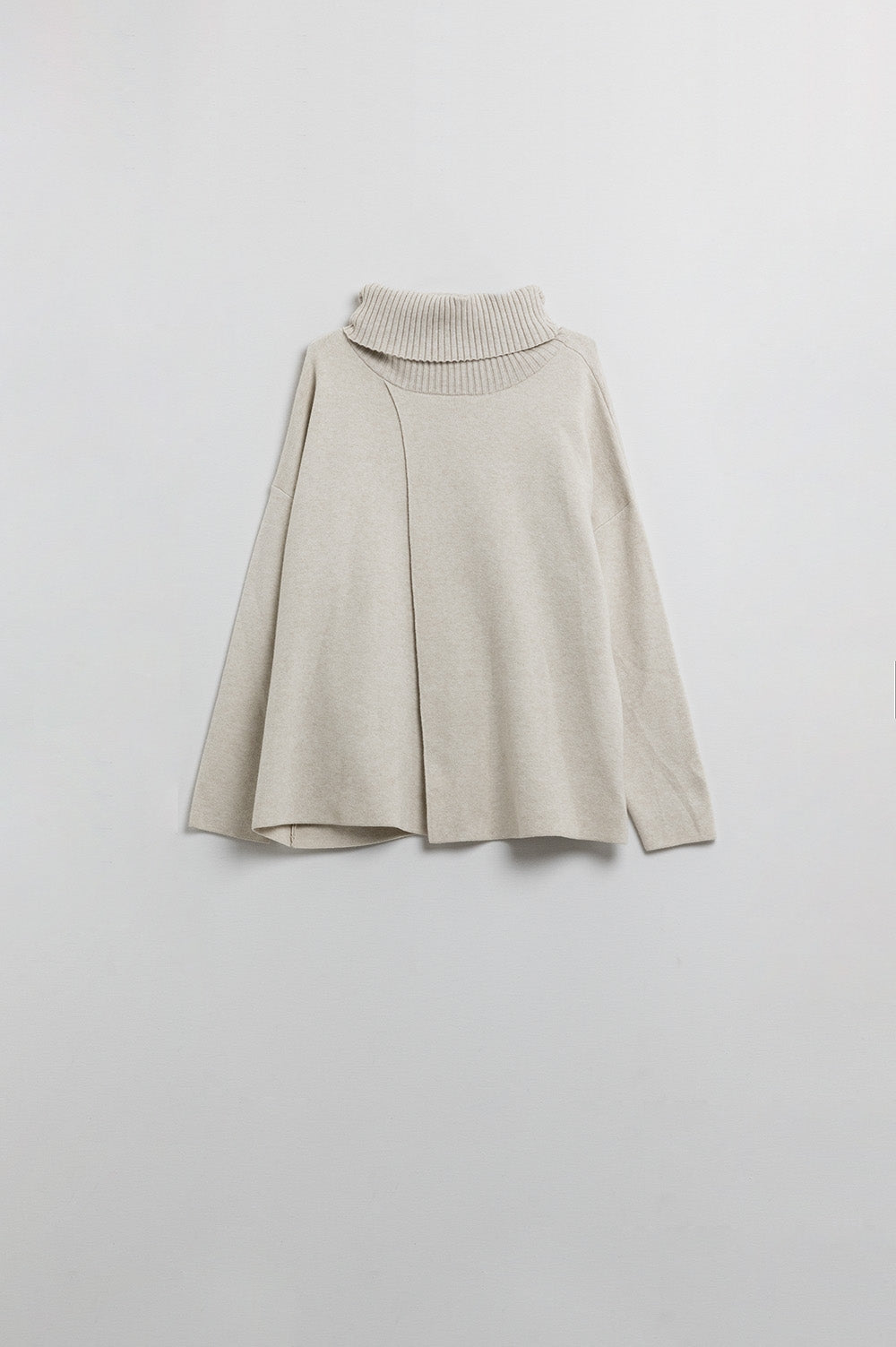 Cream soft knit turtleneck sweater with front slit