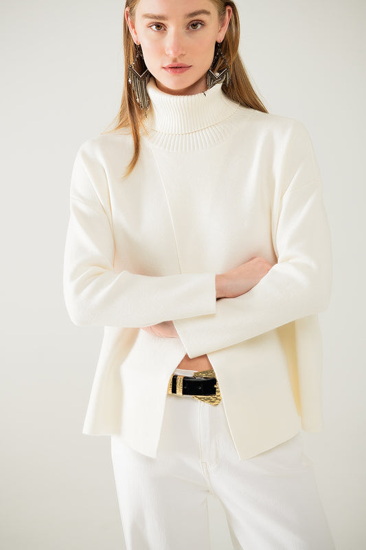 Cream soft knit turtleneck sweater with front slit