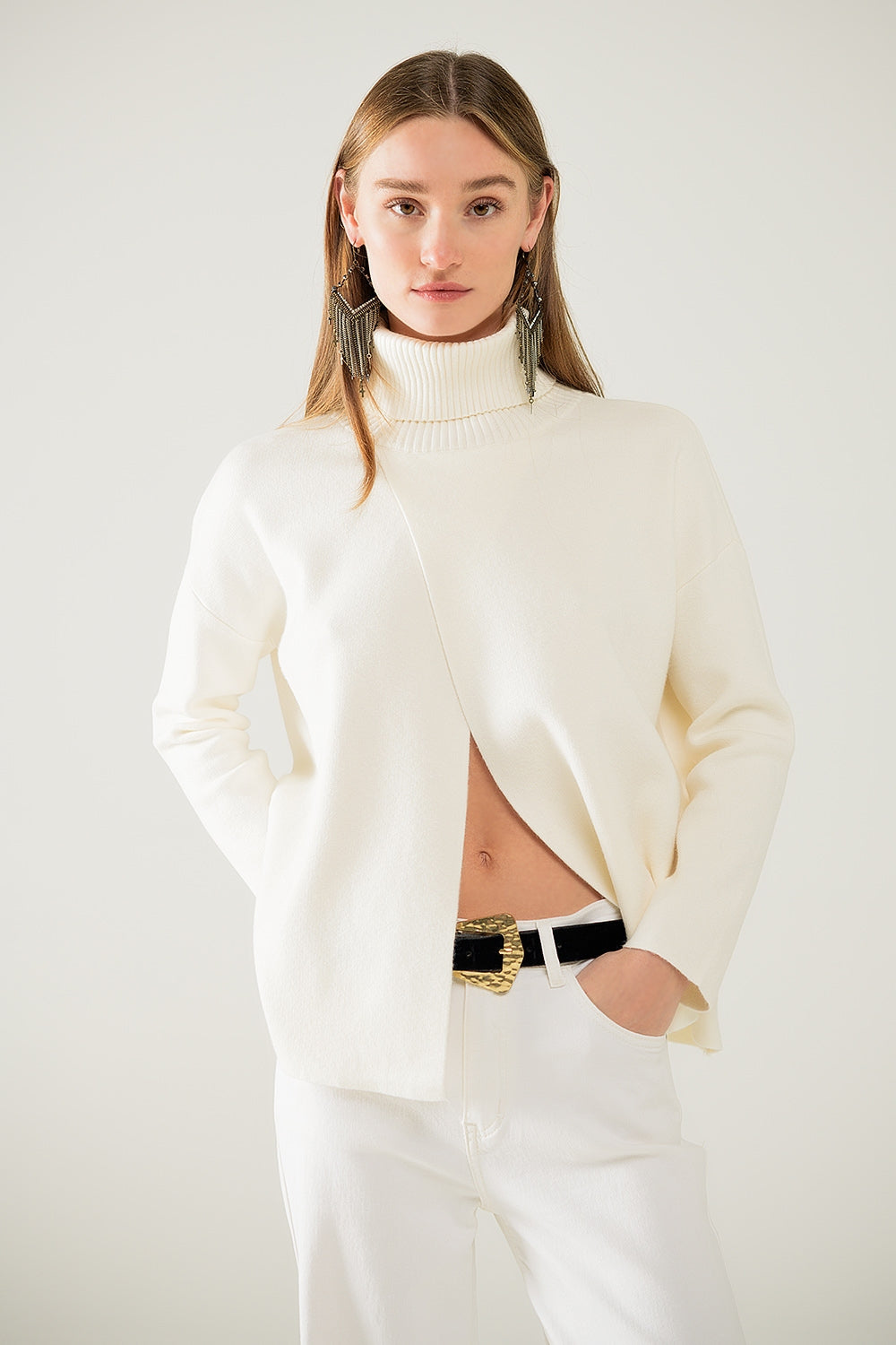 Q2 Cream soft knit turtleneck sweater with front slit